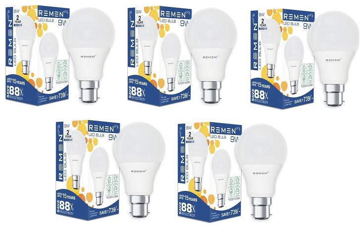 

REMEN 9WATT BASE B22 COOL DAY LIGHT WHITE (PACK OF 5)
