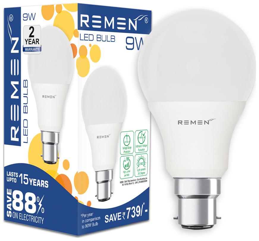 

REMEN 9WATT BASE B22 COOL DAY LIGHT WHITE (PACK OF 1)