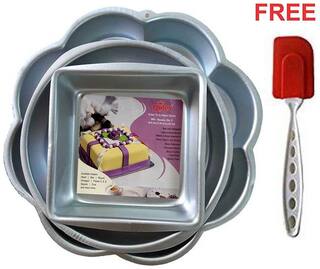 Rolex Aluminium Cake Mould 3 pc Set (Square Round Flower) + 1 pc Spatula Free