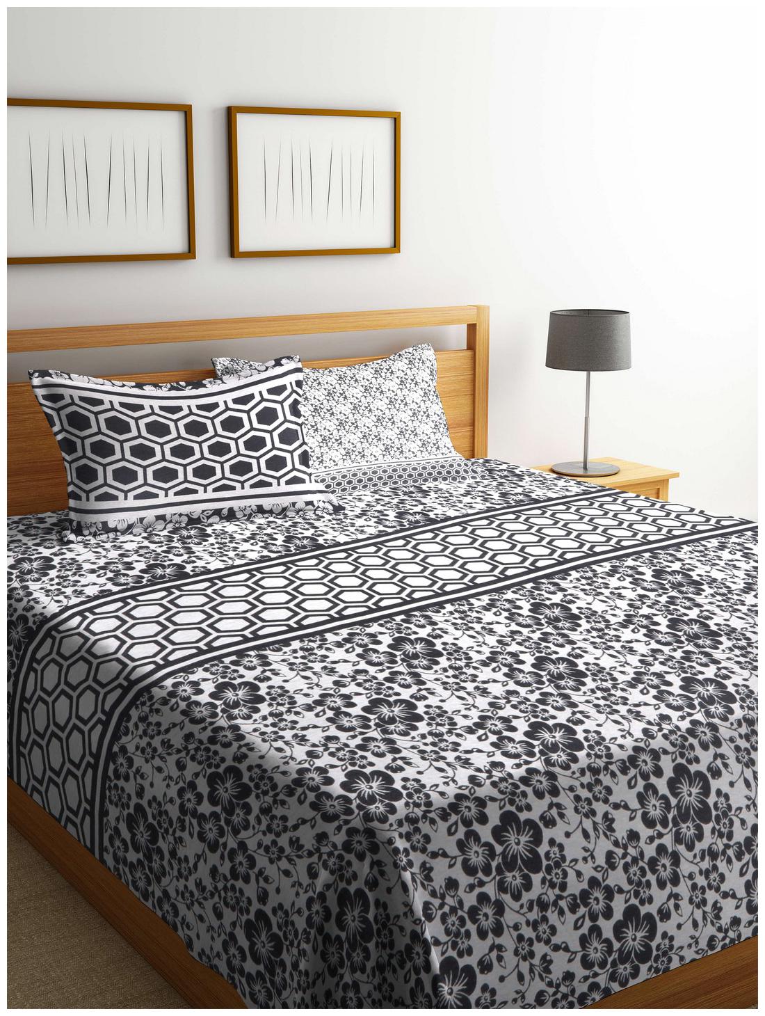 

ROMEE Poly Cotton Floral Queen Size Bedsheet 400 TC ( 1 Bedsheet With 2 Pillow Covers Black )
