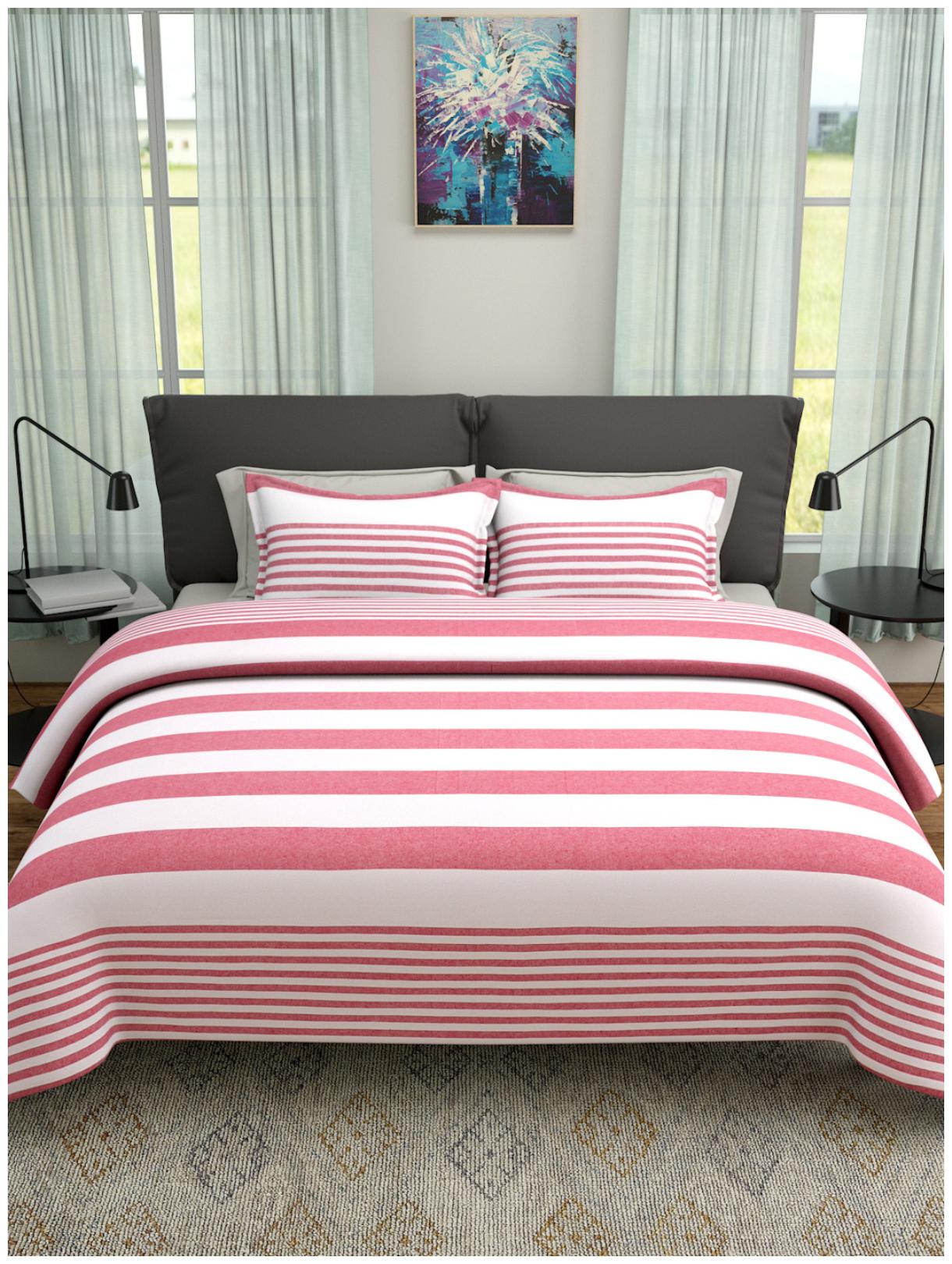 

ROMEE Poly Cotton Striped Queen Size Bedsheet 400 TC ( 1 Bedsheet With 2 Pillow Covers Pink )
