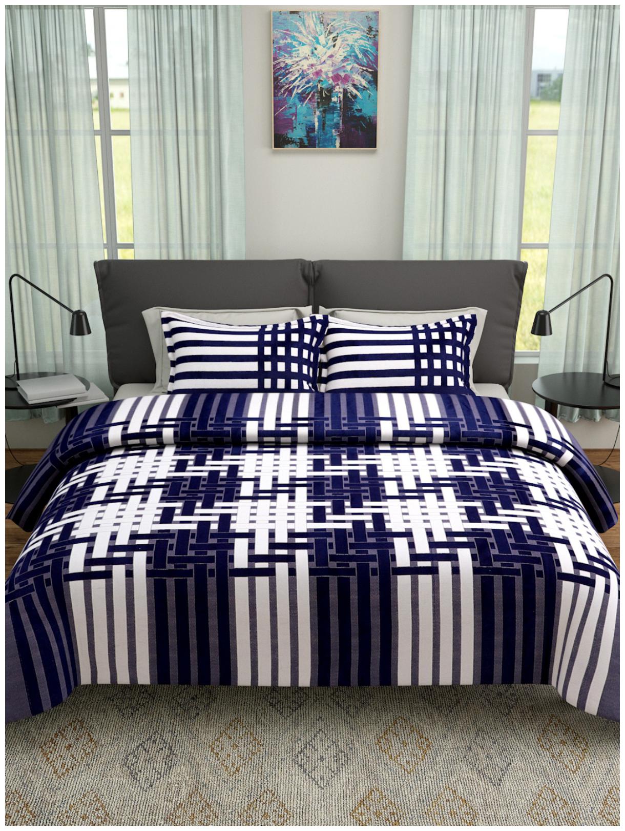 

ROMEE Poly Cotton Striped Queen Size Bedsheet 400 TC ( 1 Bedsheet With 2 Pillow Covers Blue )