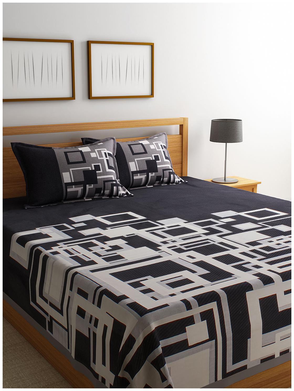 

ROMEE Poly Cotton Geometric Queen Size Bedsheet 400 TC ( 1 Bedsheet With 2 Pillow Covers Black )