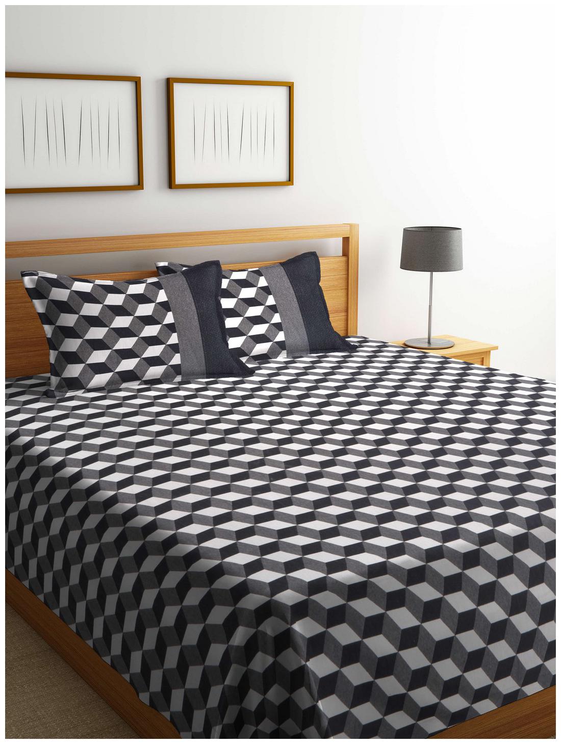 

ROMEE Poly Cotton Geometric Queen Size Bedsheet 400 TC ( 1 Bedsheet With 2 Pillow Covers Black )