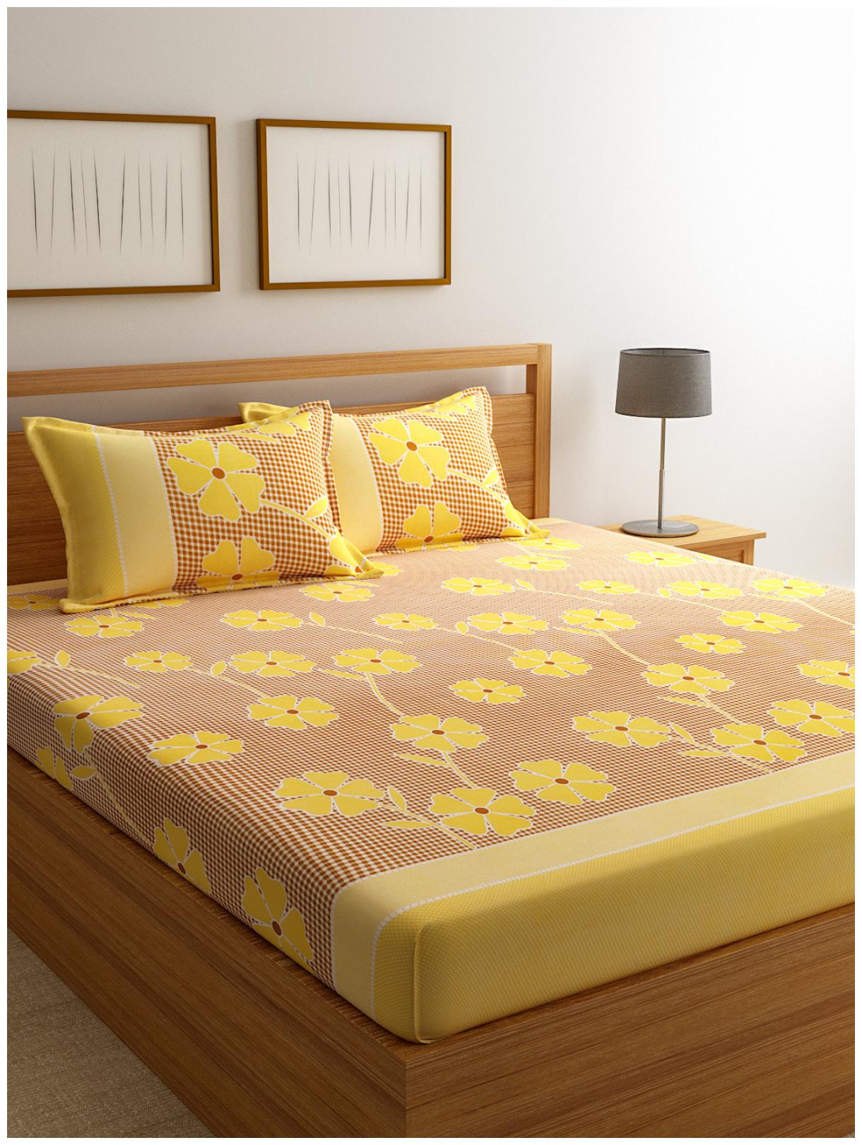

ROMEE Cotton Floral Double Size Bedsheet 144 TC ( 1 Bedsheet With 2 Pillow Covers Yellow )