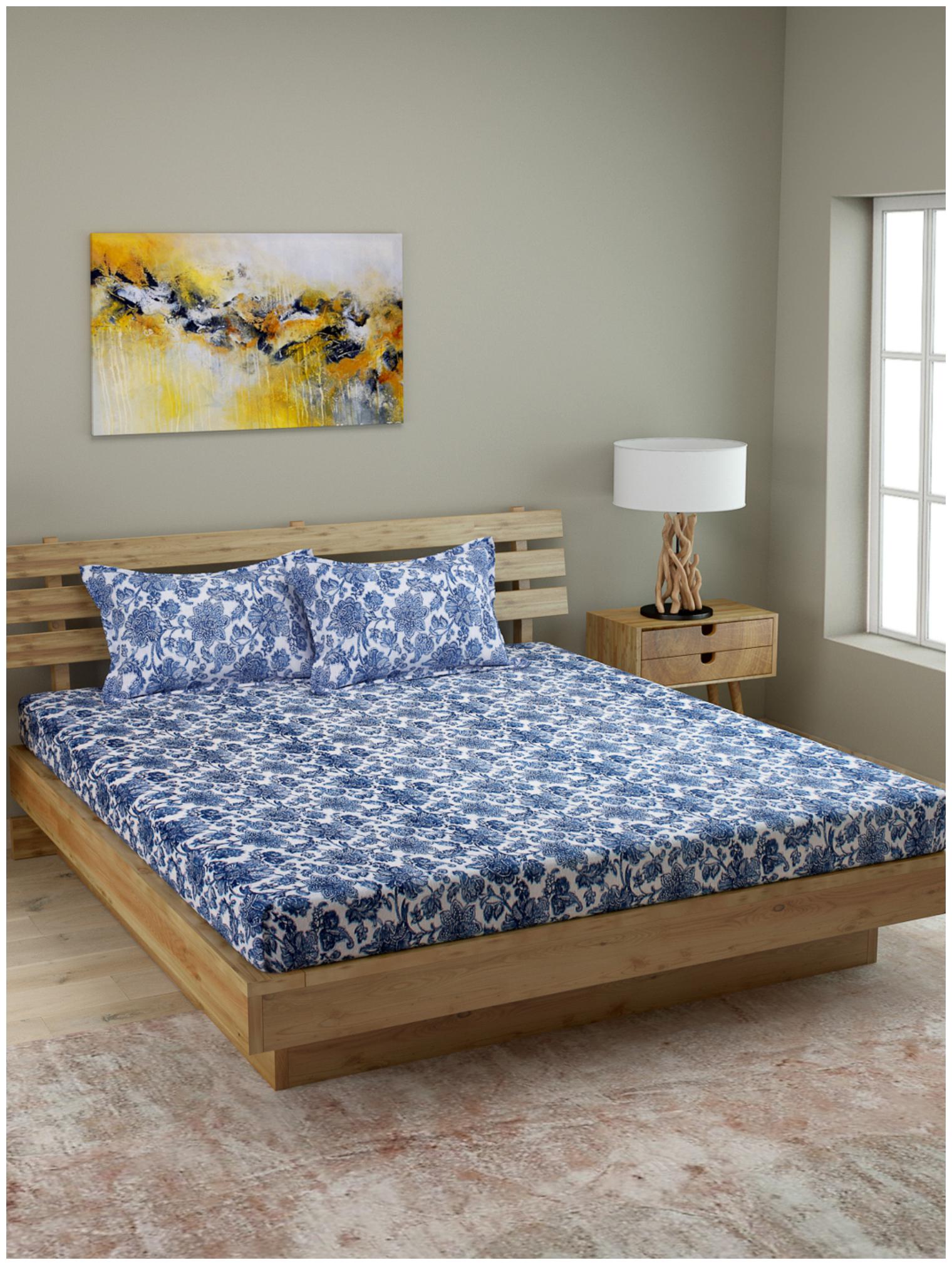 

ROMEE Cotton Floral Queen Size Bedsheet 210 TC ( 1 Bedsheet With 2 Pillow Covers Blue )