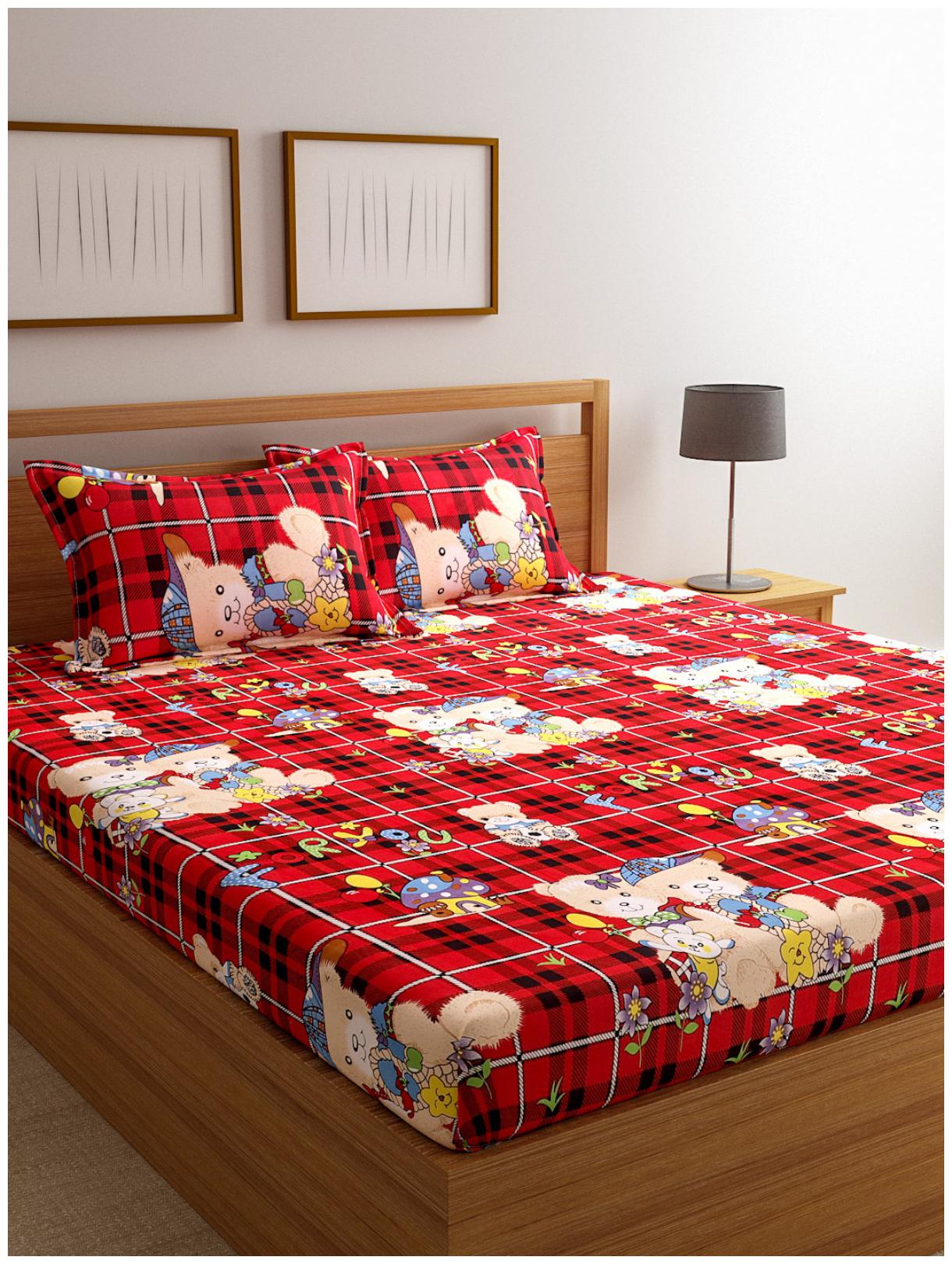 

ROMEE Cotton Checkered Double Size Bedsheet 144 TC ( 1 Bedsheet With 2 Pillow Covers Red )