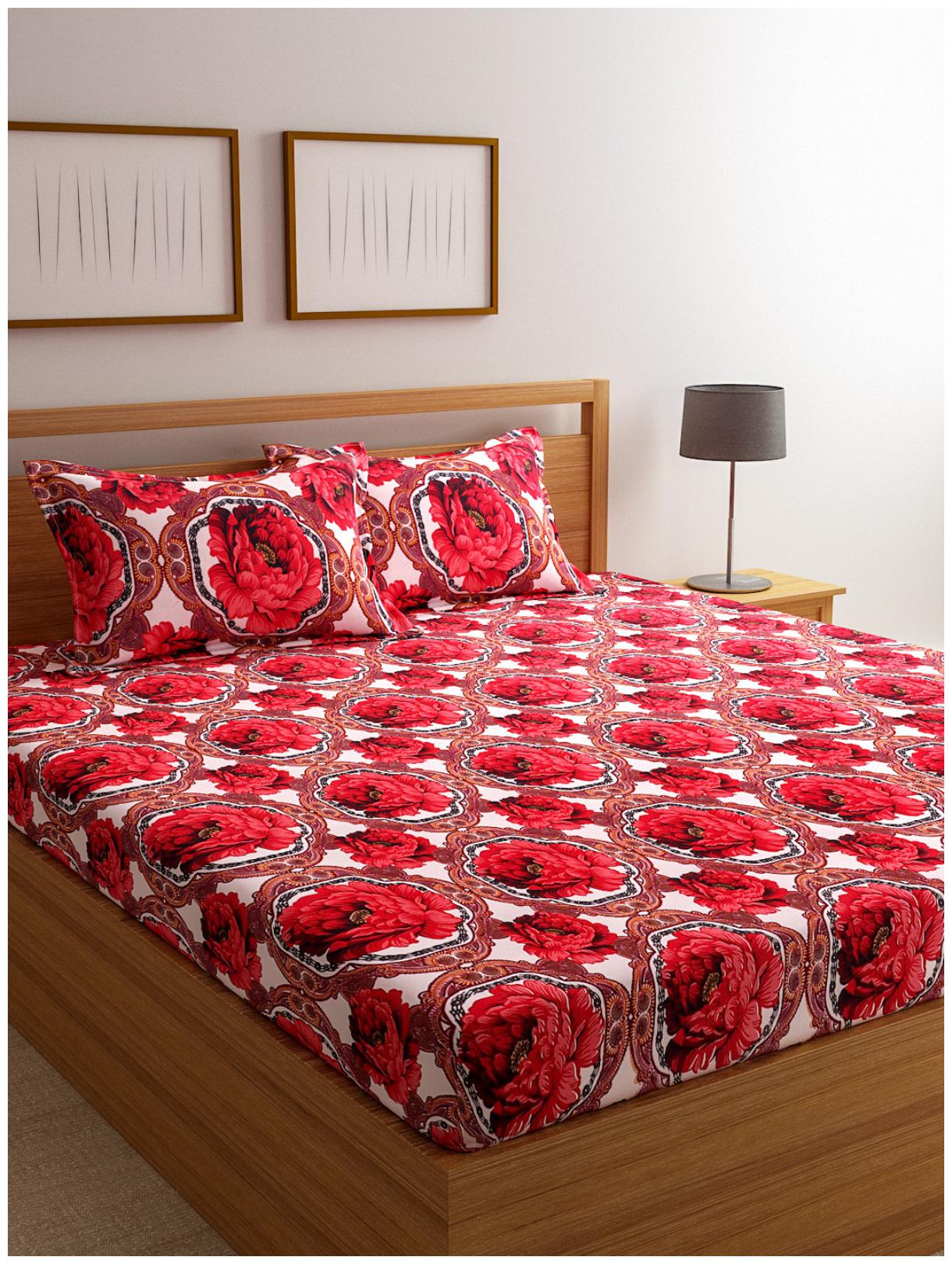 

ROMEE Cotton Floral Double Size Bedsheet 144 TC ( 1 Bedsheet With 2 Pillow Covers Red )