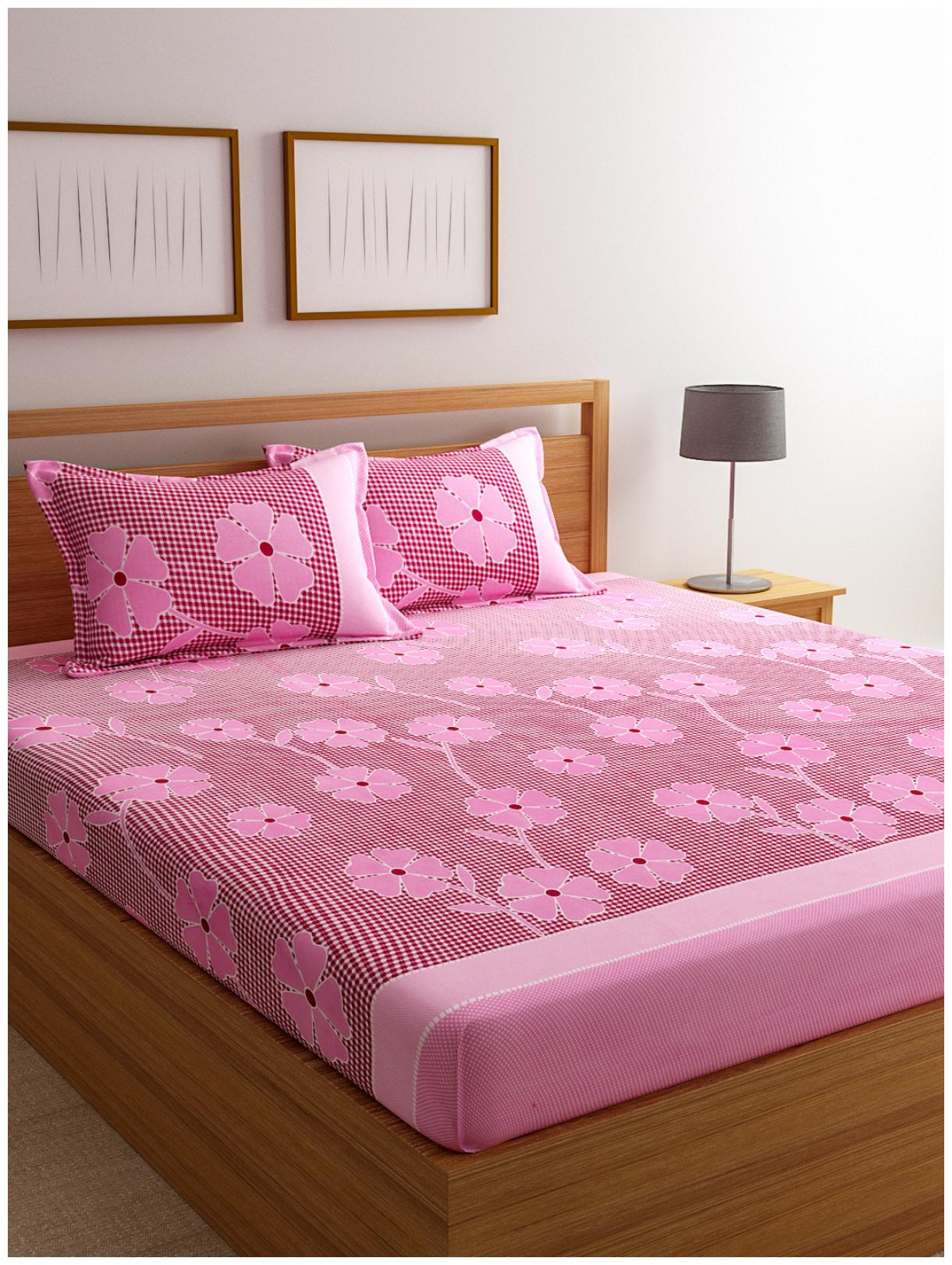 

ROMEE Cotton Floral Double Size Bedsheet 144 TC ( 1 Bedsheet With 2 Pillow Covers Pink )