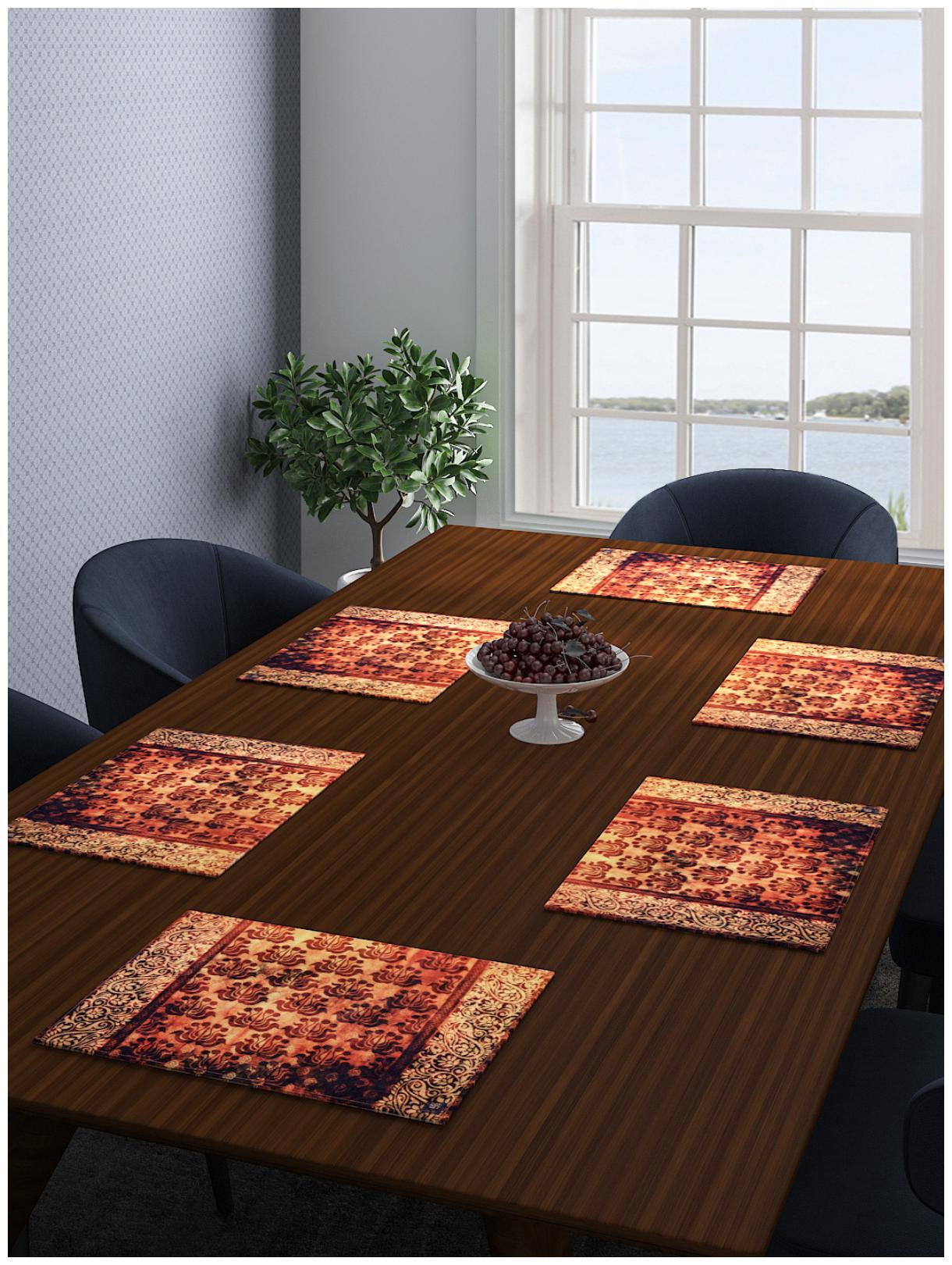 

Romee Damask Print Cotton Dining Table Mats And Placemats Pack Of 6 -Brown