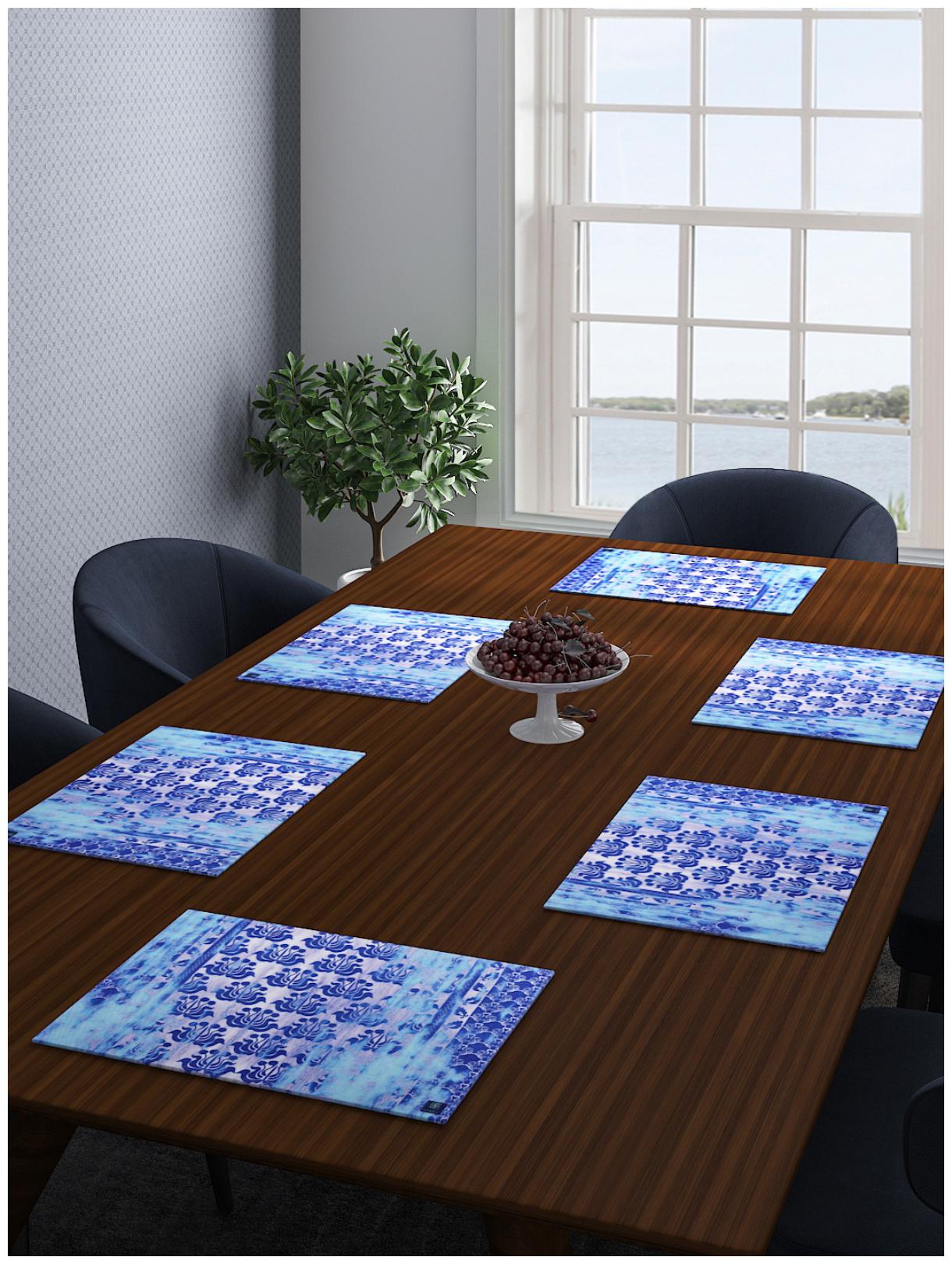 

Romee Damask Print Cotton Dining Table Mats And Placemats Pack Of 6 -Blue