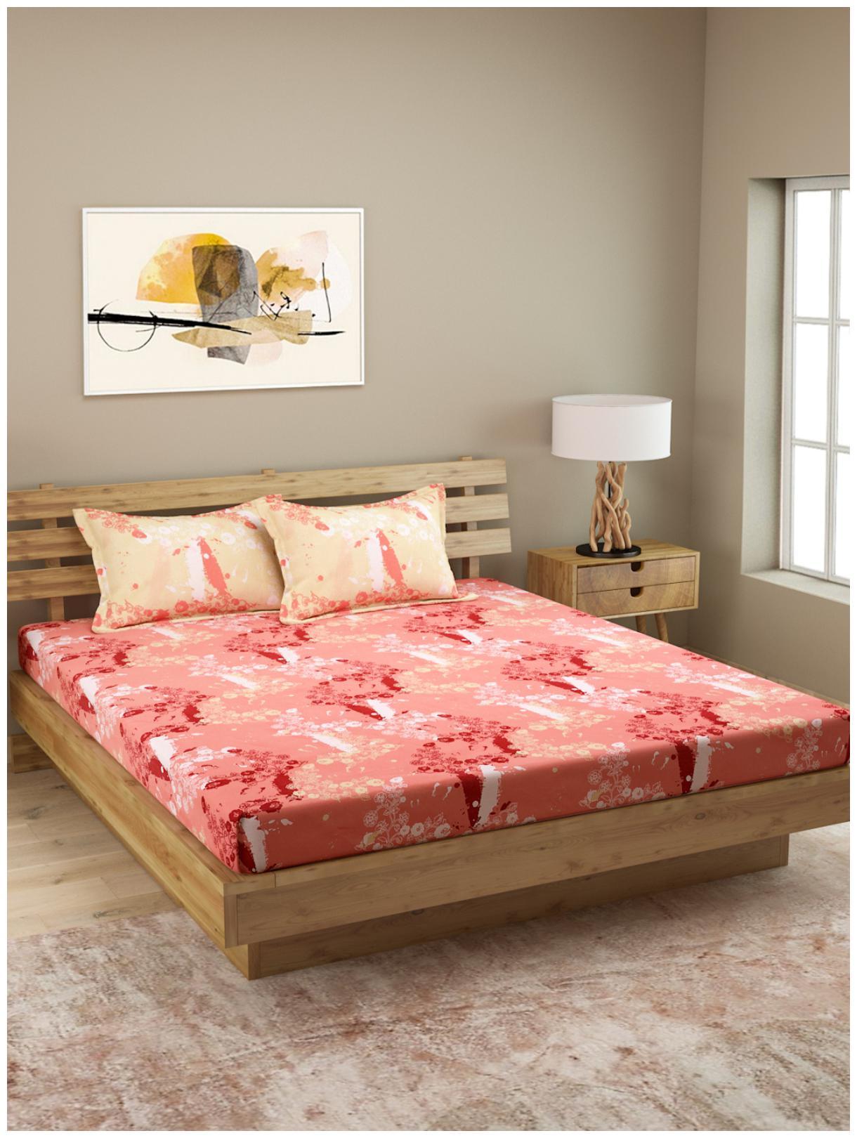 

ROMEE Cotton Printed Queen Size Bedsheet 144 TC ( 1 Bedsheet With 2 Pillow Covers Peach )