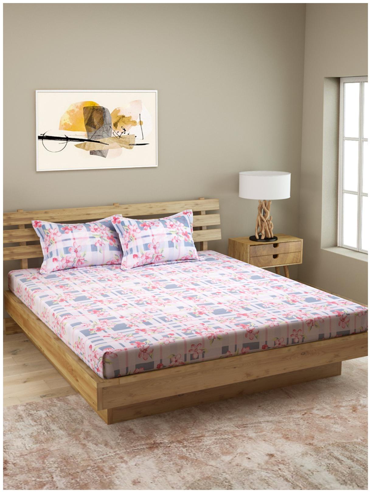 

ROMEE Cotton Printed Queen Size Bedsheet 144 TC ( 1 Bedsheet With 2 Pillow Covers Pink )