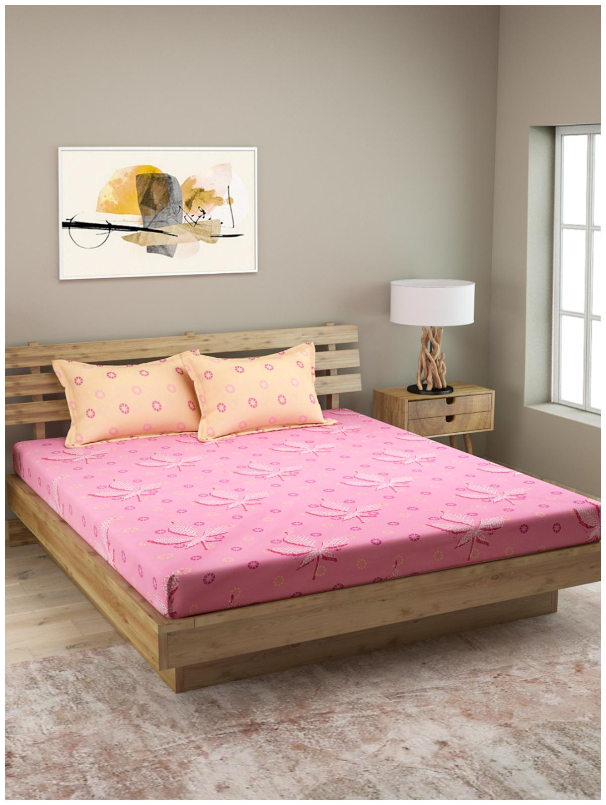 

ROMEE Cotton Printed Queen Size Bedsheet 144 TC ( 1 Bedsheet With 2 Pillow Covers Pink )