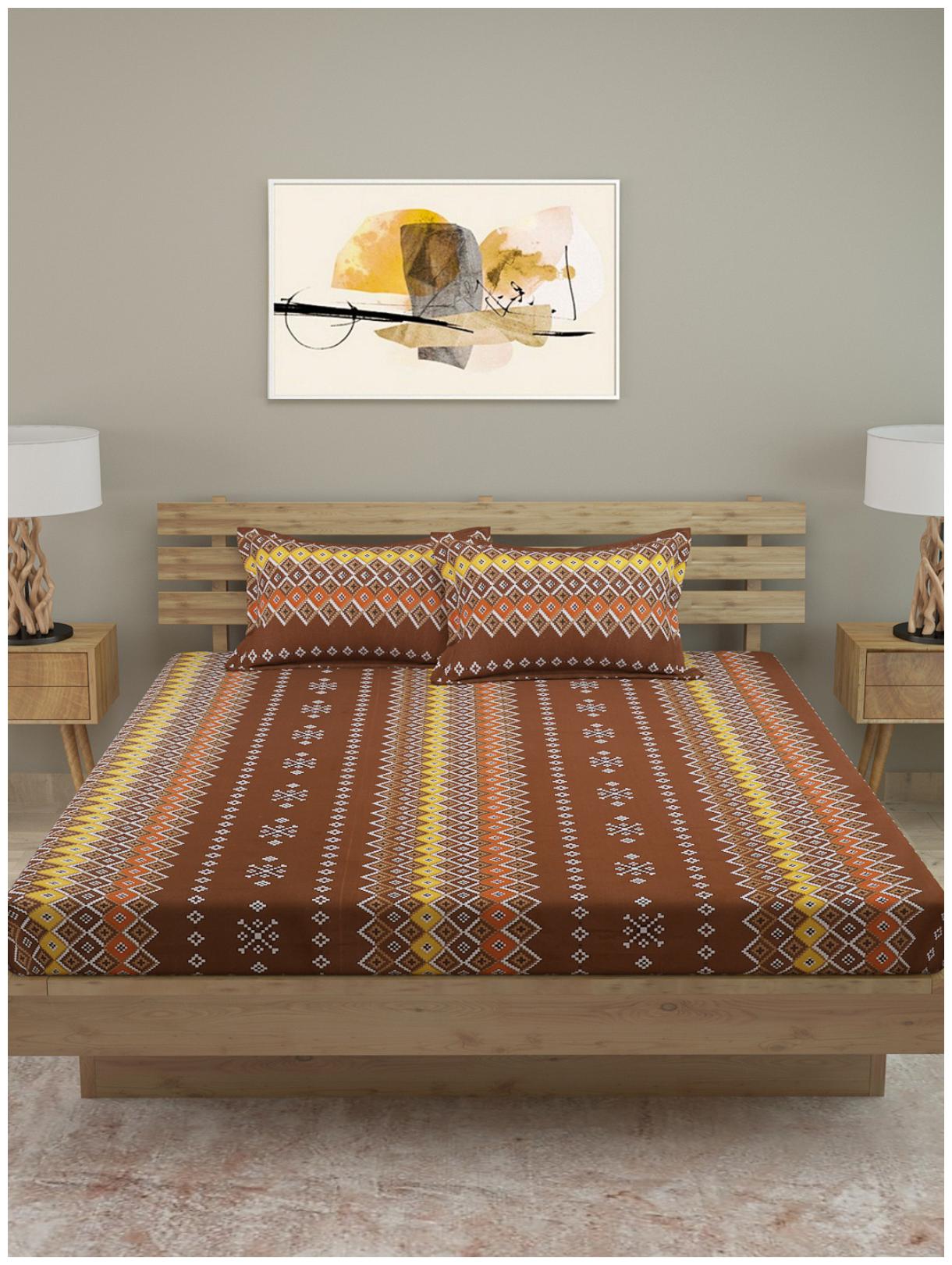 

ROMEE Cotton Geometric Queen Size Bedsheet 120 TC ( 1 Bedsheet With 2 Pillow Covers Brown )