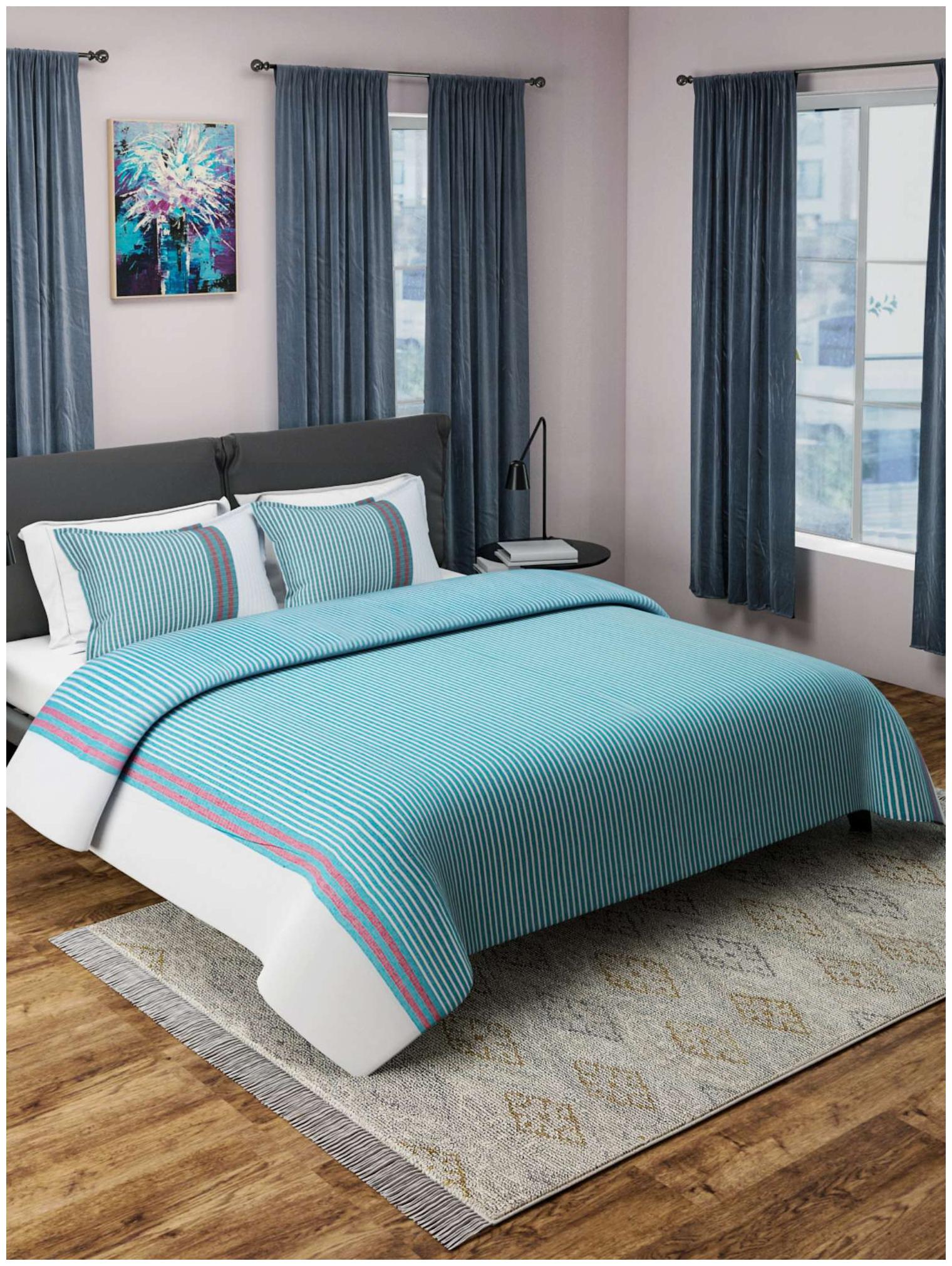 

ROMEE Cotton Striped Double Size Bedsheet 400 TC ( 1 Bedsheet With 2 Pillow Covers Turquoise )