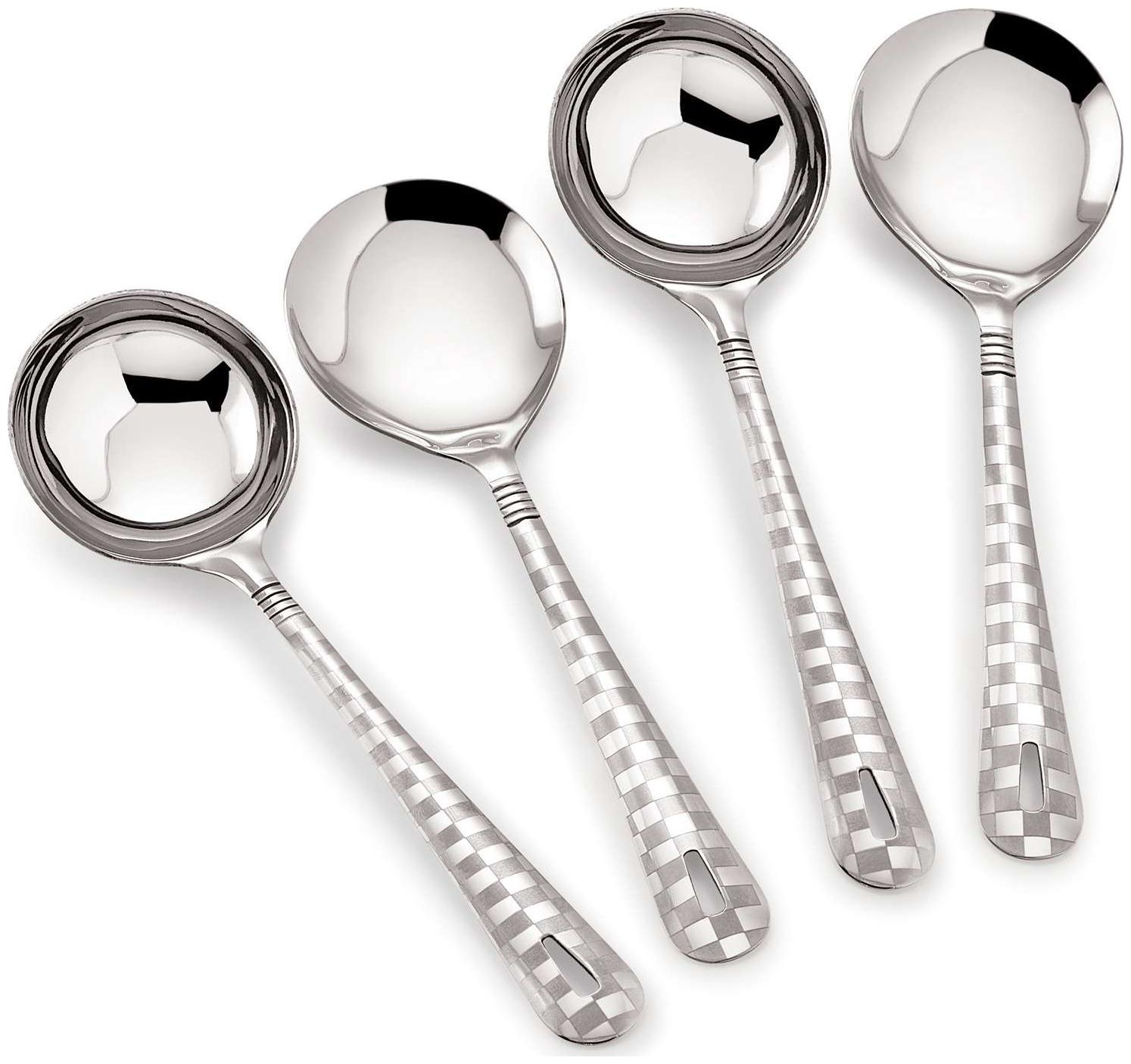 

Roop s Premium Quality Laser Checks Print Design Serving Spoon Set of 4 (2 Ladles and 2 Serving Spoons) Stainless Steel Silver