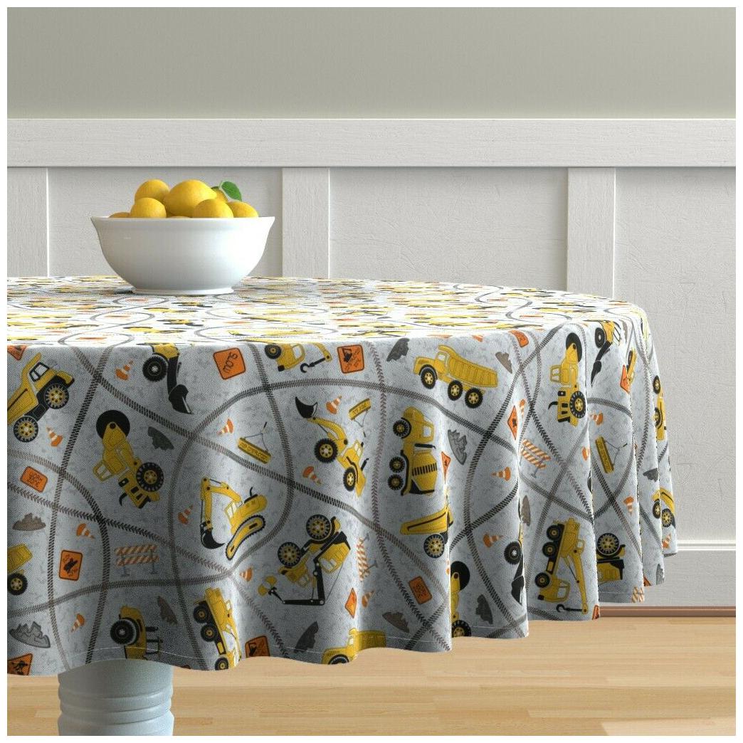 

Round Tablecloth Yellow Construction Trucks Excavator Backhoe Cotton Sateen