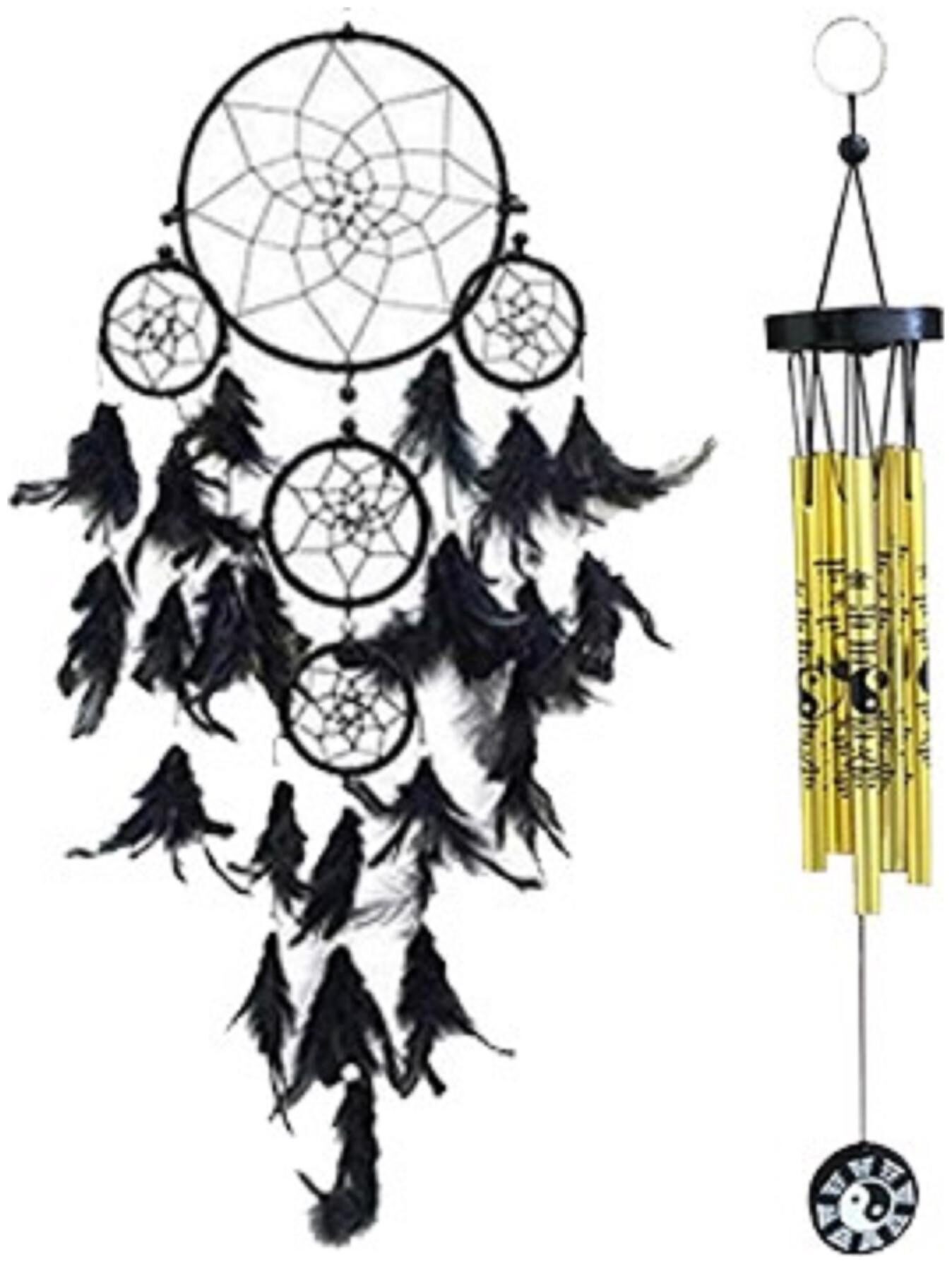 

Ryme 5 Ring Black Color Dream Catcher With Yin Yang 5 Pipes Golden Color Wind Chime Wall Hanging For Hom Officer