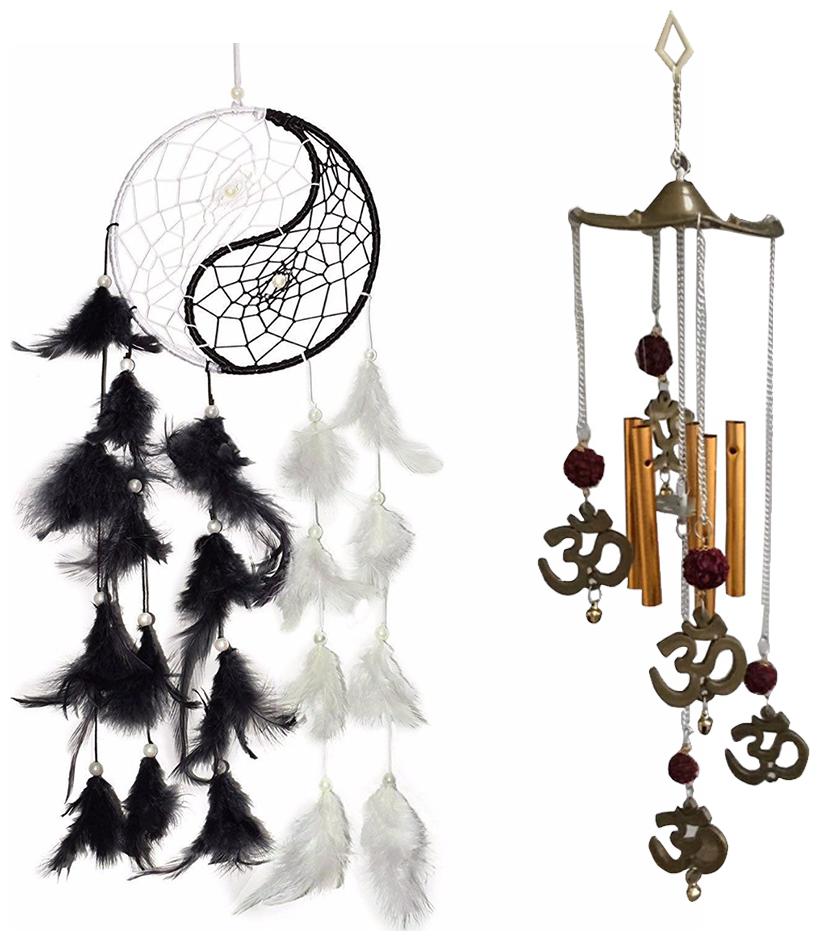 

Ryme Combo of Yin Yang White and Black Dream Catcher and Rudraksha 5 Pipe Wind Chime