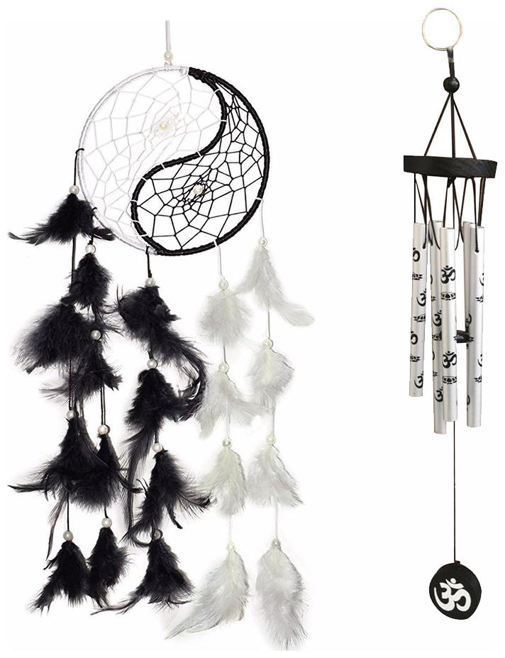 

Ryme Combo of Yin Yang White and Black Dream Catcher and Yin Yang Printed Silver 5 Pipe Wind Chime