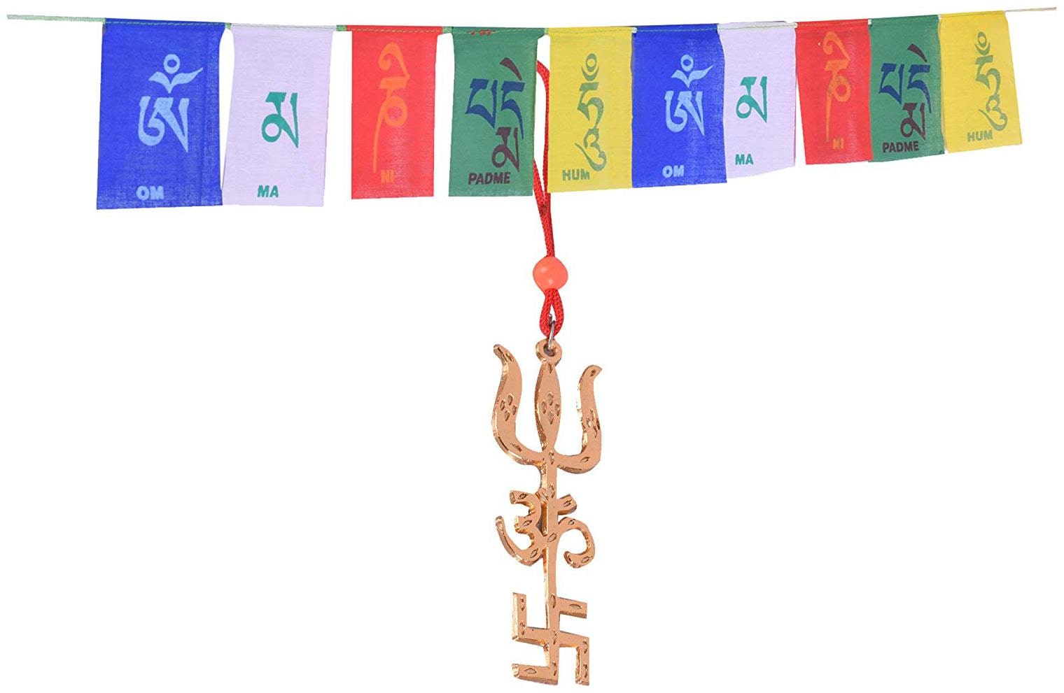 

Ryme OM trishul with Hanging Tibetan Buddhist Prayer Flags For Car And Home