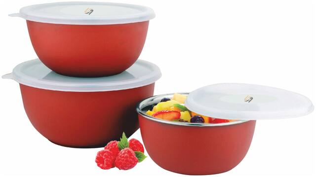 S&S Microwave Safe Stainless Steel Plastic Coated Euro Bowl Set of 3 (800, 1400 & 1700ml) Red