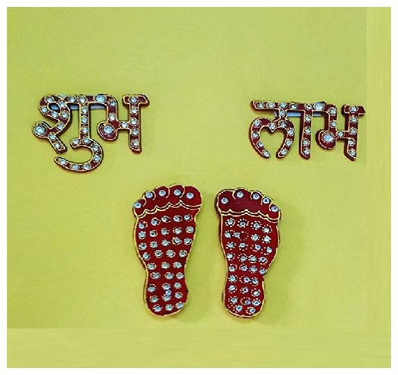 

SAARTHI Divine Traditional Spiritual Auspicious Unique Handcrafted Designer Elegant Ethnic Feng Shui Multicolour Shubh Labh and Lakshmi Kadam Rangoli with Stone Decorations