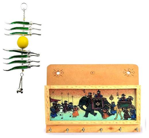 

SAARTHI Rajasthani Ethnic Wooden Hand Crafted Gemstone Painting Magazine Key Holder Room Decor Keychain Holder - 6 Hooks with Nimboo Mirchi for Good Luck Prosperity and Happiness Feng Shui Gift
