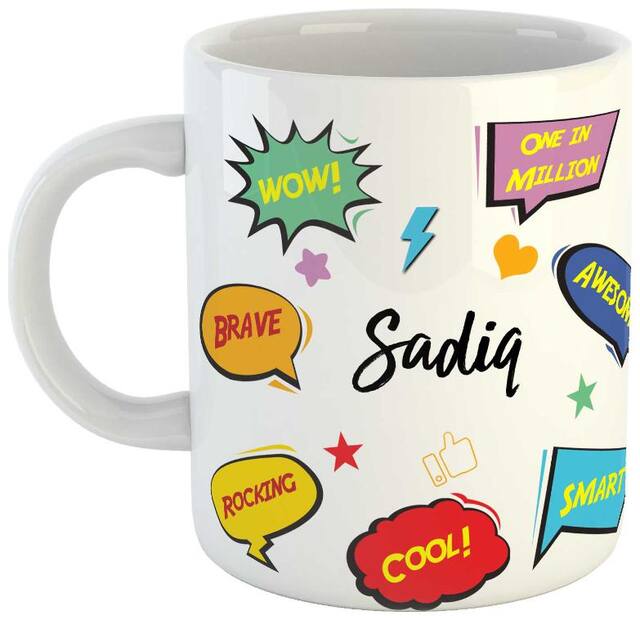 Sadiq Name Printed Ceramic Coffee Mug. Best Gift For Birthday by AshvahTM