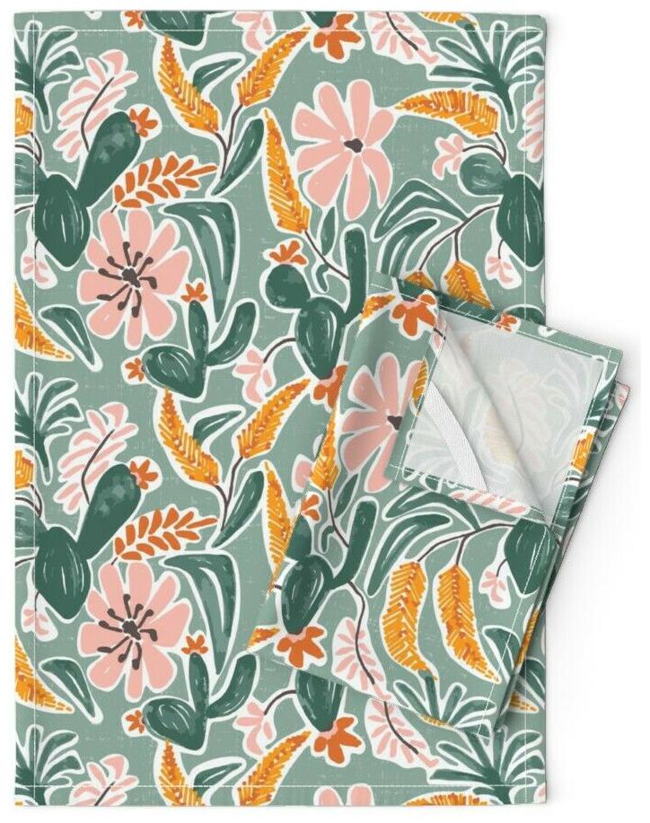 

Sage Green Floral Cactus Flowers Linen Cotton Tea Towels by Roostery Set of 2