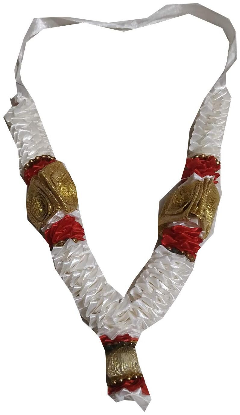 

Salvus App Solutions White Red Golden Flowers 8 INCH Beautiful Garland Pooja Haar Mala for Idol- 1pc