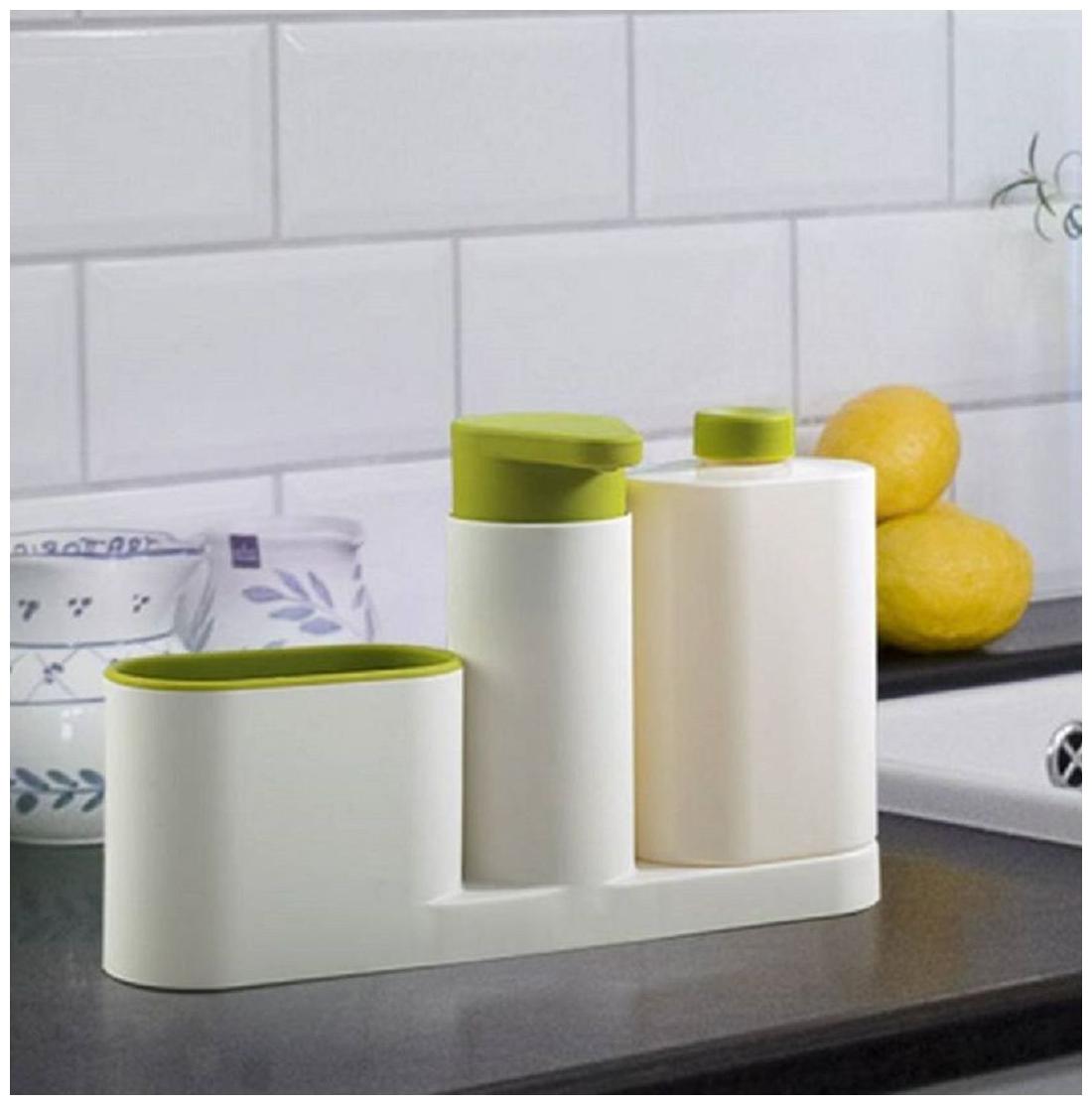 

Sanyal Three Piece Sink Tidy Set With Refillable Soap Pump and Liquid Bottle 200 ml Soap Conditioner Shampoo Dispenser