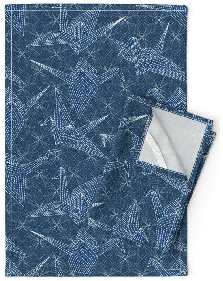 

Sashiko Origami Crane Japanese Art Linen Cotton Tea Towels by Roostery Set of 2
