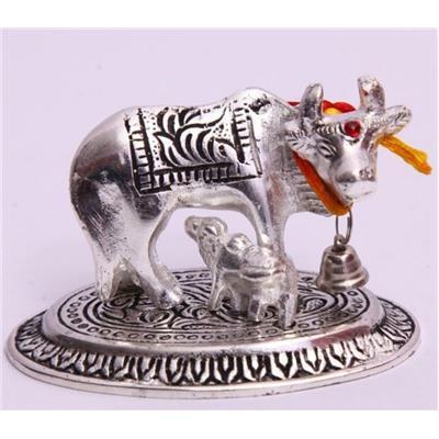 

Satya Kamdhenu Cow Calf Holy Wishing Fulfilling Gomata Statue Color Silver White Metal