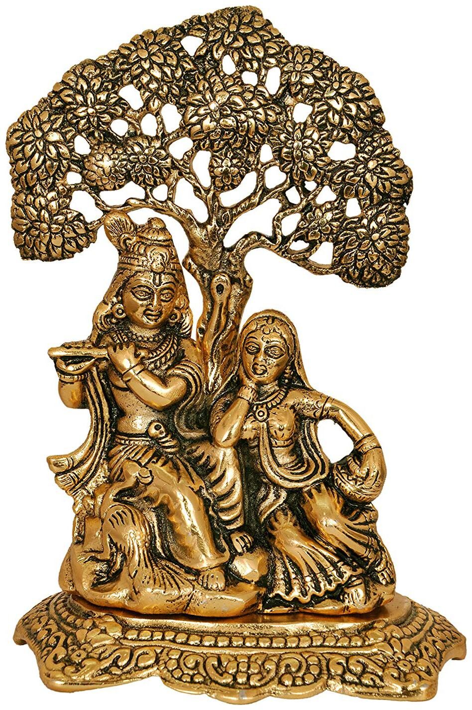 

Satya Vipal Radha Krishna Sitting Under Tree Idol Metal Statue Showpiece (Golden)