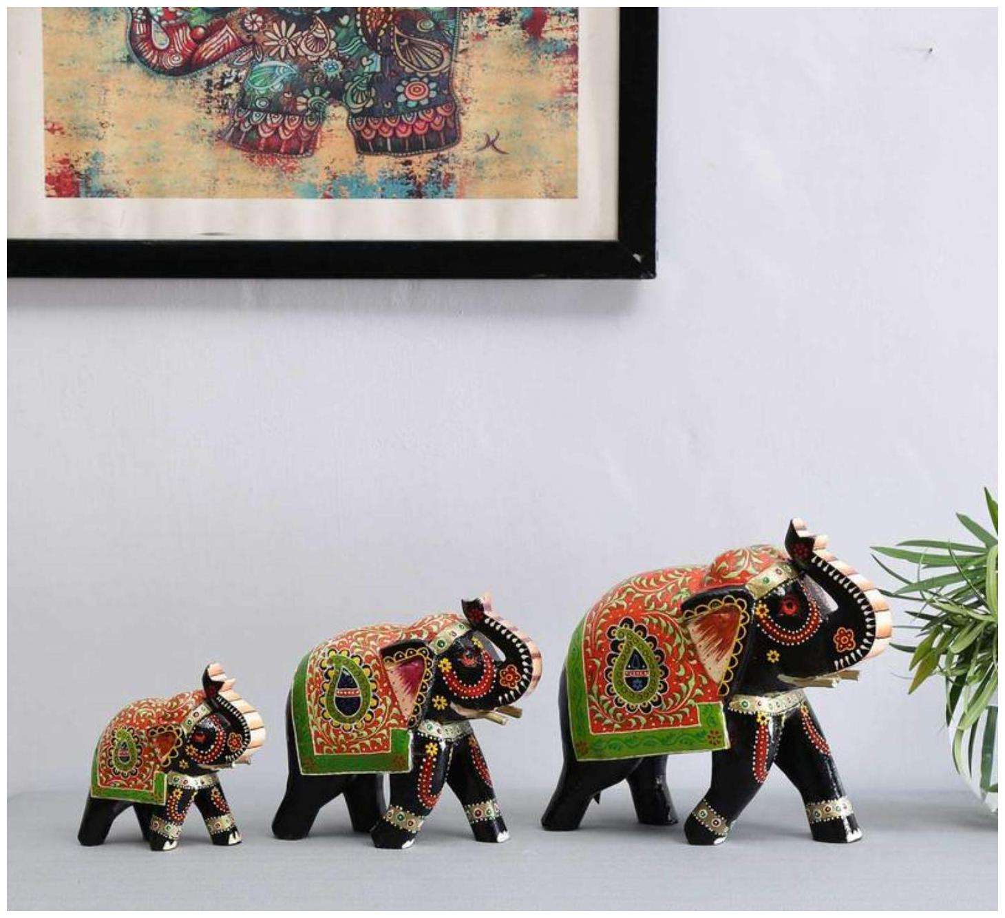 

Satya Vipal Multicolored Wooden Painted Elephant Set of 3 Figurine
