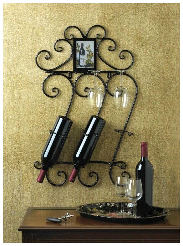 

Scrollwork Wine Wall Rack w Photo Frame Holds 3 Wine Bottles 4 Wine Glasses