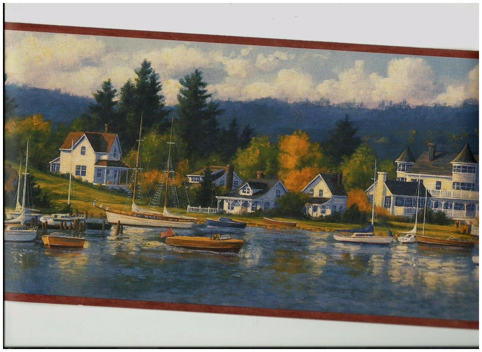 

SEASIDE COTTAGES WITH SAILBOATS CHESAPEAKE WALLPAPER BORDER CW32203B