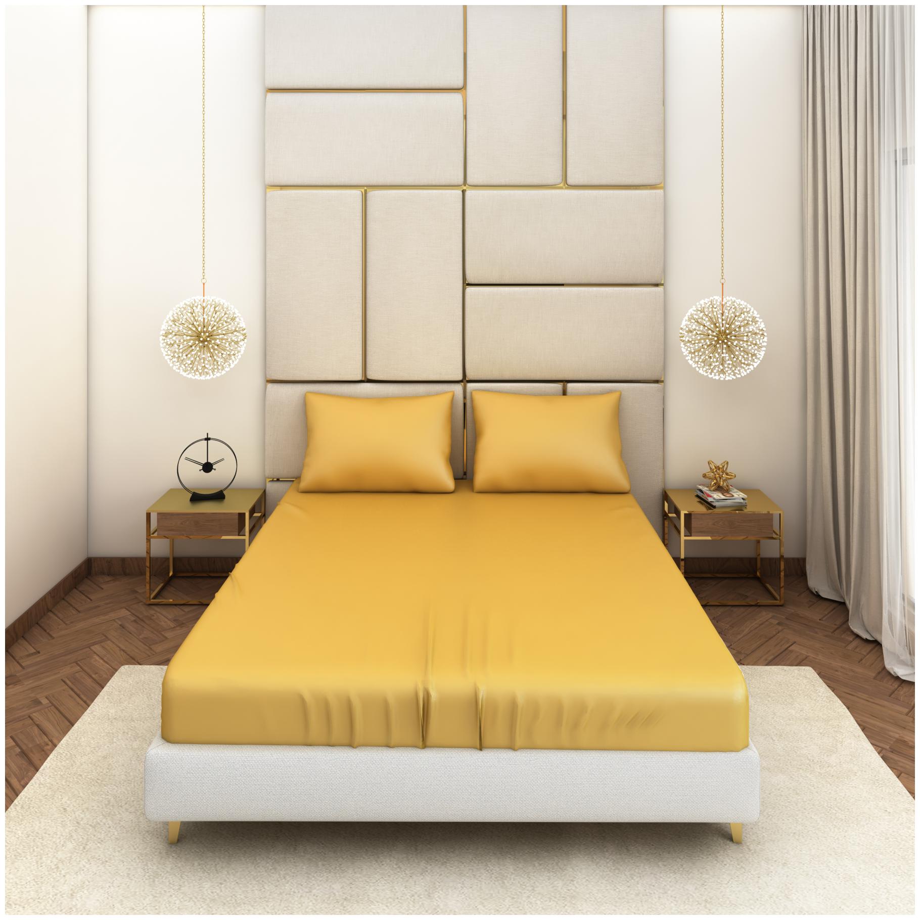 

SEEVO Satin Solid King Size Bedsheet 400 TC ( 1 Bedsheet With 2 Pillow Covers Yellow )