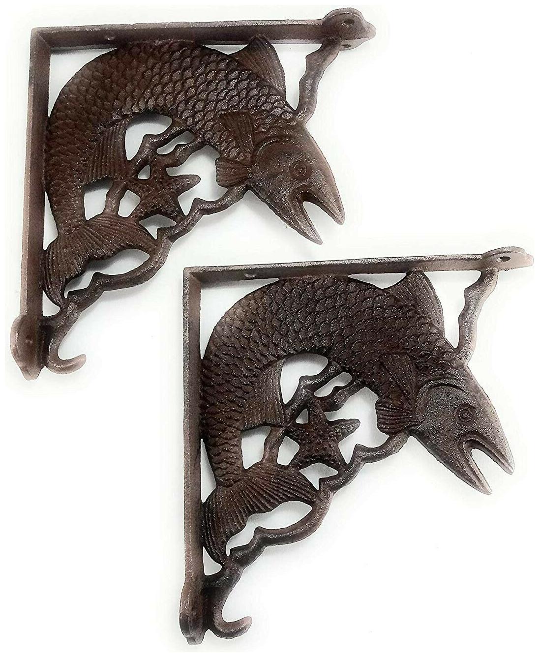 

Set of 2 Swimming Fish Shelf Bracket Heavy Cast Iron Wall Mount Accented with