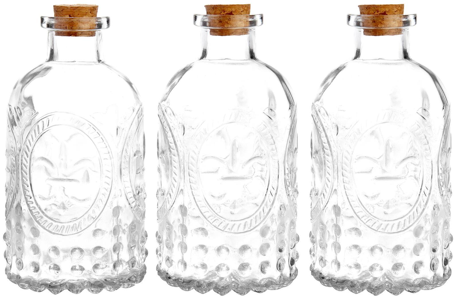 

Set of 3 Antique-Style Clear Glass Embossed Apothecary Bottles with Cork Lids