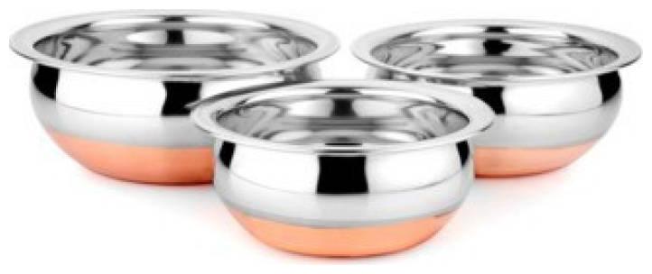 

Set Of 3 Stainless Steel Copper Base Cooking Or Serving Handi Pot