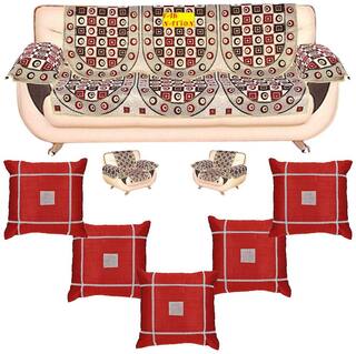 FAB NATION Set of 5 Embroidery Diamond lace Cushion Covers in Dupioni Silk And Set of 10 Matching Sofa covers in Handloom Cotton with 6 Sofa Arm Covers