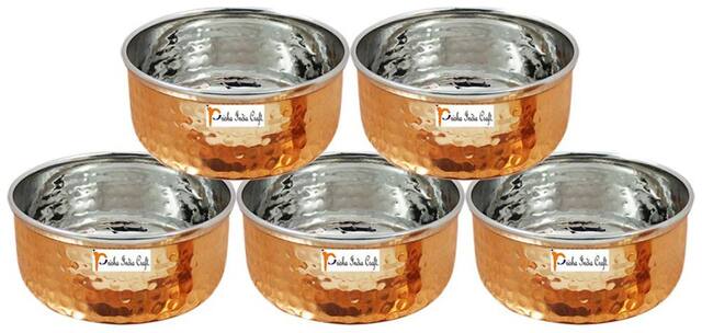 Set of 5 - Prisha India Craft  Handmade Steel Copper Serving Bowl   Hammered Dinner Bowl  - Dia 3.5