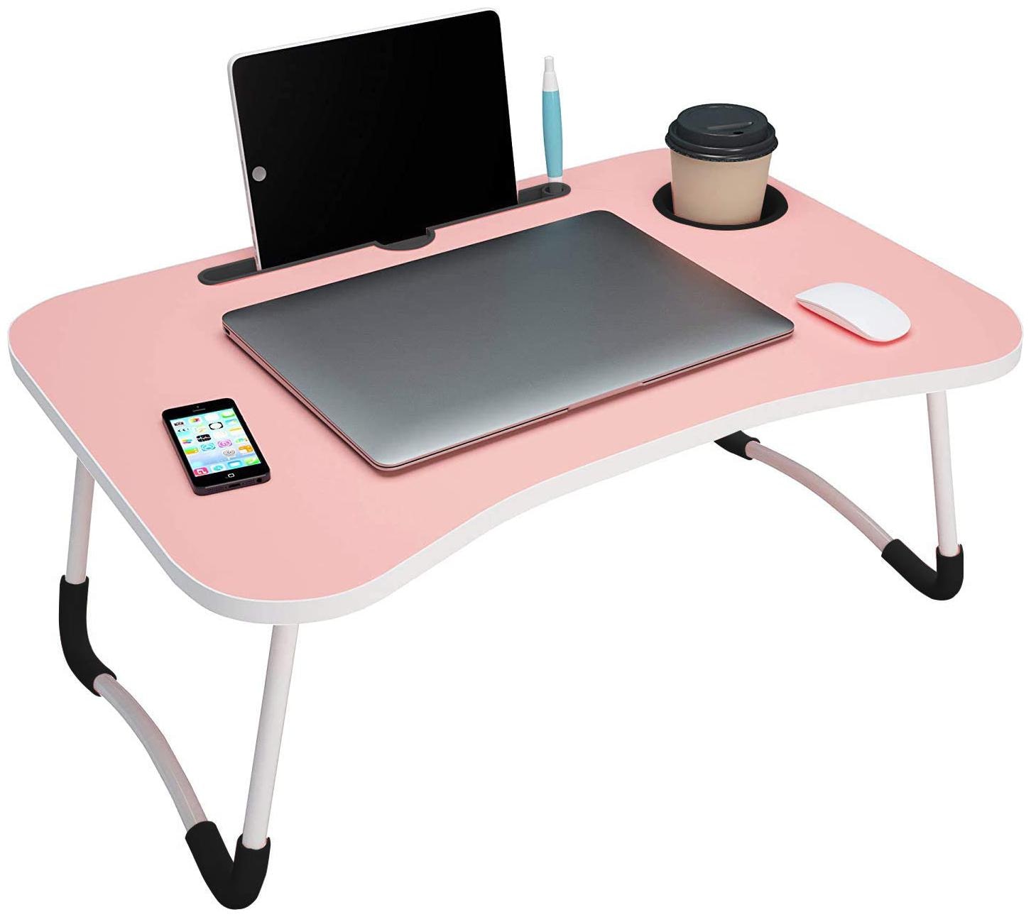 

SETIST Foldable Laptop Table with Cup Holder Charging Cable IPad Tablet Slot - Pink