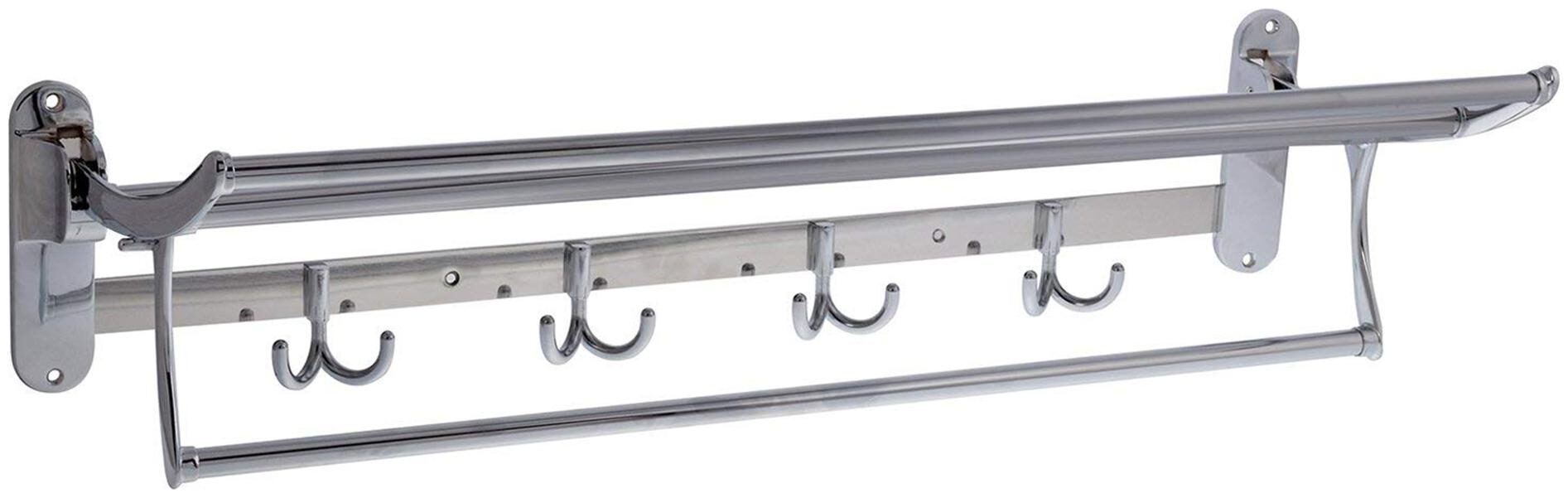 

Shaks Traders 24 Towel Shelf with Bar Folding Towel Rack with 4 Double Robe Hooks Stainless Steel Chrome Finish
