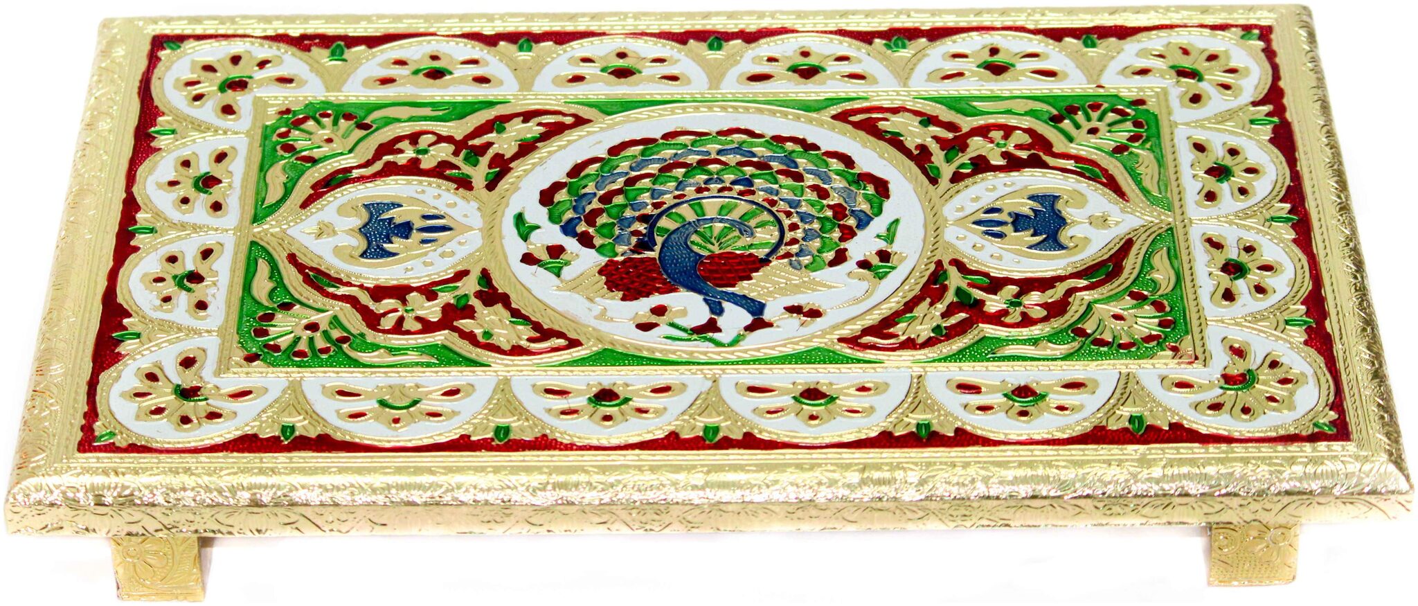 

Shayona Handicrafts Meenakari Wooden Peacock Design Pooja Chowki Ganesh Pooja Chowki