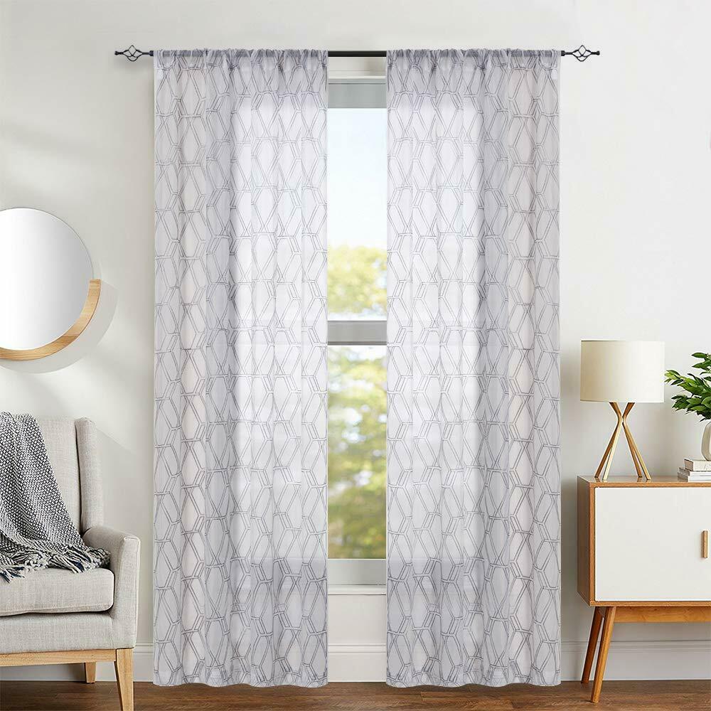 

Sheer Curtains for Bedroom Embroidered Geometry Lattice Window Treatment Set 2 P