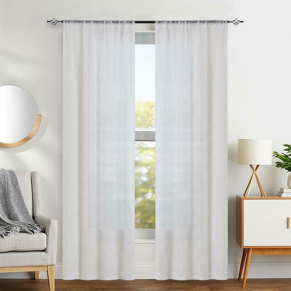 

Sheer Curtains for Bedroom Embroidered Geometry Lattice Window Treatment Set 2 P